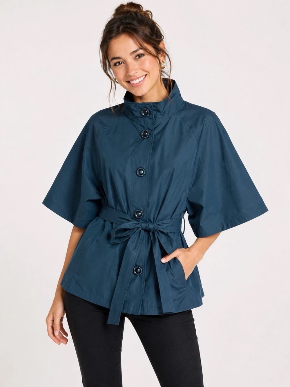 Betsey Johnson belted cape in marine blue